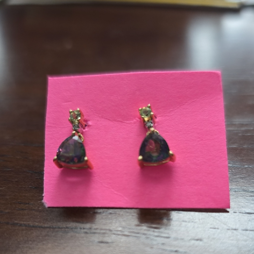 Vintage. Small Trillion Cut Mystic Topaz/Diamond 10k Gold Dangle Earrings